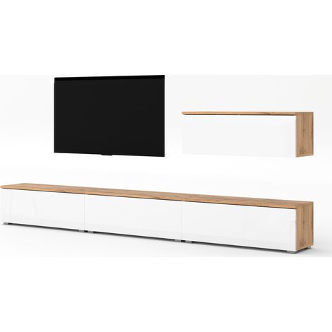 AX LIVING Anbauwand Loriano IV Wohnwand Eiche Wotan/weiß Hochglanz 300
