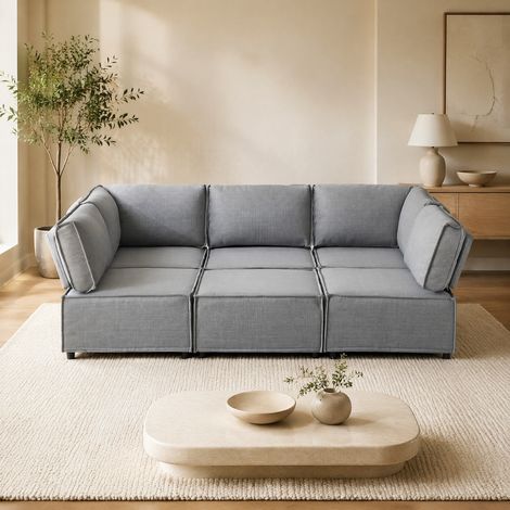 Sofá modular convertible en cama, tela de lino gris claro, 6 plazas DESVIAE (1/5)