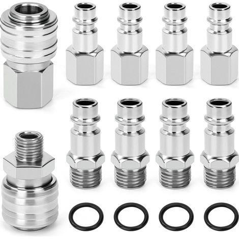 Raccord de Compresseur 1/4" BSP Raccord Rapide Pneumatique, 10 Pièces Homme Femme Raccords de Air Comprimé pour Tuyau Compresseur d'air Embout Pneumatiques (Argent) (1/5)