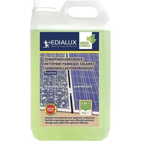 Edialux Nettoyant pour panneaux solaires 2,5 L aux enzymes, solution écologique pour panneaux solaires, nettoyage en profondeur sans dommage, élimine saletés et fientes d’oiseaux