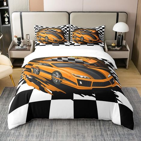 Coton Housse de Couette Enfant, Parure de Lit 220x240 Voiture de Sport Orange pour Garçon Fille Adulte, Ensembles de Literie À Motifs de Grilles Noires et Blanches (1/5)
