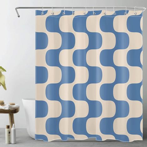 Moderne Rideaux de Douche 150x200cm Bleu rayé sur Beige Vintage Rideaux de Bain avec Crochets,Art Abstrait Extra Longue Imperméable Polyester Anti Moule Salle de Bain Décor (1/5)