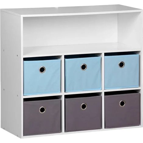 Commode enfant 7 cases – L 76.5 cm x P 29.5 cm x H 70 cm – Couleur gris et bleu – Montage facile – Wadiga