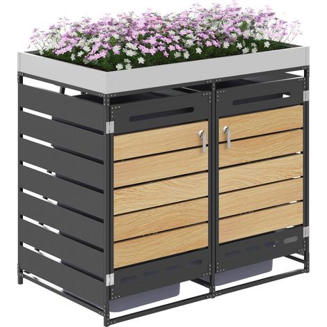 Armario para cubos de basura CHICFURN 131x79x120 cm de hierro negro con jardinera y 2 compartimentos (1/5)