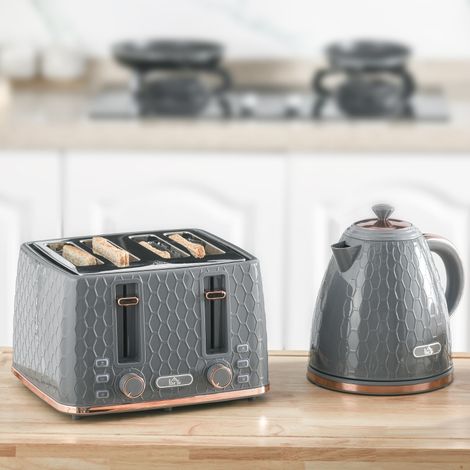 Ensemble de cuisine 2 en 1, grille-pain et bouilloire, plusieurs options, 1,7 L, grille 4 tranches à la fois, plastique, gris (1/5)