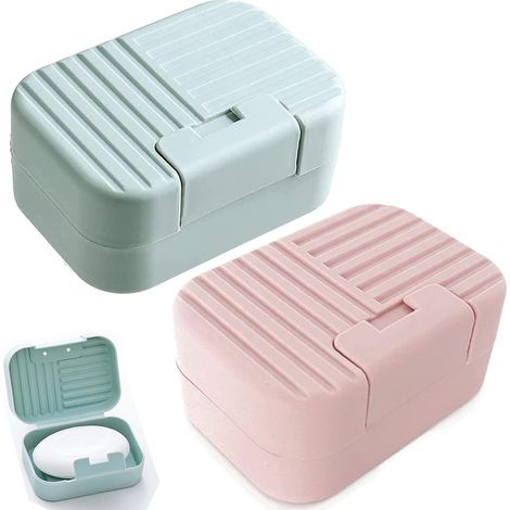 Portasapone da viaggio (set da 2) - Portasapone portatili con coperchi ermetici, ideali per bagno, viaggi, campeggio e palestra (blu + rosa) (1/5)