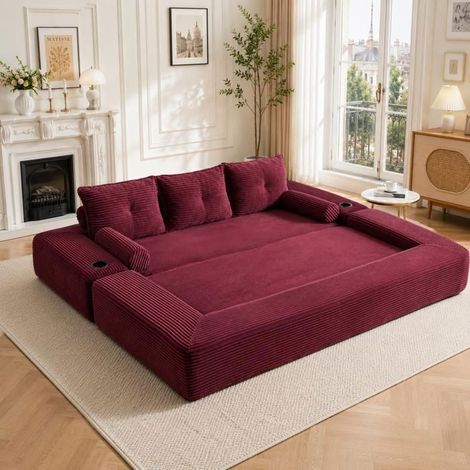 Canapé Convertible 232x98x80cm Velours Côtelé Rouge 3 Places - Canapé-Lit - Mousse Haute Densité, Porte-gobelets, Poches, 2 Coussins (1/5)