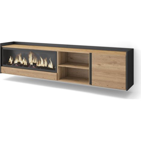 Skraut Home - Mueble TV, Televisión, Muebles de salón, almacenaje, 212x35x50cm, Para TV hasta 80", Chimenea eléctrica XXL, Colgado, Suspendido, Estilo Moderno, Roble y negro (1/5)