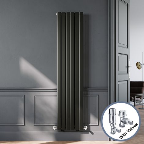 ELEGANT Black Designer Vertical Radiator Single Panel Rads 1800 x 408mm with Chrome Angled Thermostatic Radiator Valves (1/5)