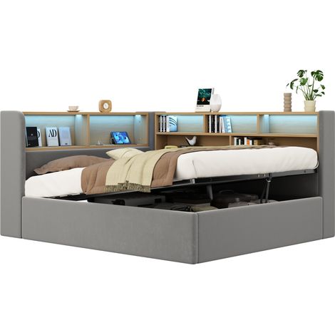 Cama diván 140x190 cm de terciopelo gris con almacenaje hidráulico, sin colchón – MEUBLIV (1/5)