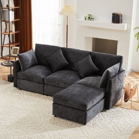 Sofá de esquina modular convertible en 3 plazas, con puf móvil y 4 cojines, gris DESVIAE (1/5)