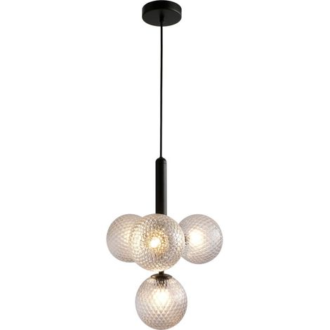 Sulion - Suspension décorative 4 boules verre texturé et métal noir