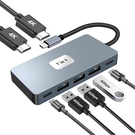 Hub USB C Adaptateur Multiport 7 en 1 pour 2 Écrans (Dual HDMI 4K) Dock USB C avec 3 USB 3.0 5Gbps, 100W PD Charge pour PC,Laptop,MacBook,Dell,HP,Samsung,Souris,Clavier,DisqueU etc. (1/5)