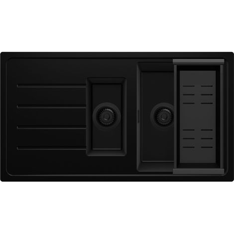 PRIMAGRAN Evier Cuisine en Granit 90x50cm,Lavabo 1,5 bacs + Kit de Vidage, Évier à Encastrer au Meuble 60cm - Copenhague Duo, Tout Noir