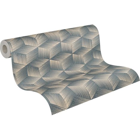 Papier peint intissé géométrique en forme de cube au look 3D en gris beige, idéal pour le salon et le bureau. (1/5)