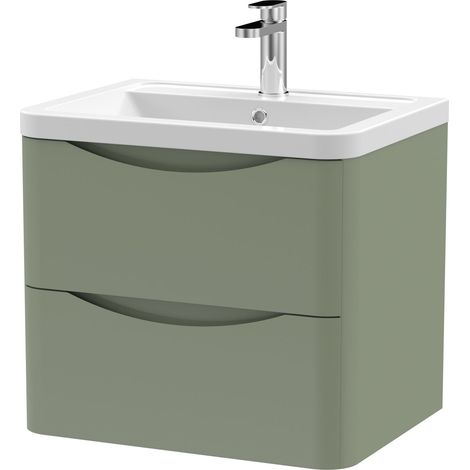 Nuie Lunar Satin Green 600mm Wall Hung 2 Drawer Vanity Unit and Ceramic Basin - LUN802A (1/3)
