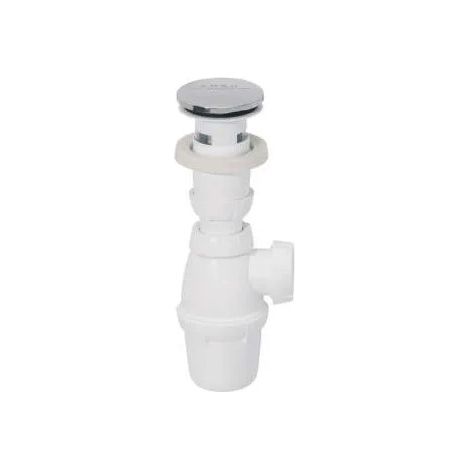 Desagüe de lavabo con rebosadero, válvula de cierre rápido y sifón.