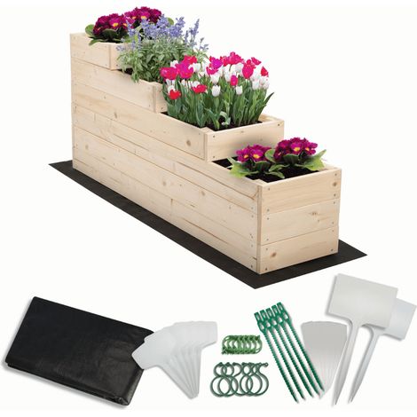 MODO24 Carré potager surélevé en bois, 4 niveaux en cascade, 54x30x120 cm, jardin/terrasse, kit jardinier inclus, naturel