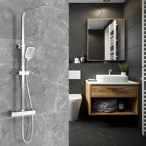 Colonna doccia con miscelatore termostatico cromo, Set doccia con soffione a pioggia 30x30 cm, doccetta a 3 funzioni in silicone, asta doccia acciaio inox regolabile 73-115 cm