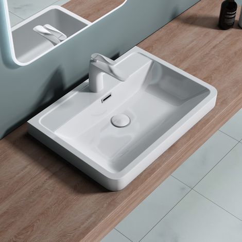 doporro® Lavabo rectangular de baño 60x42x13 cm de mármol fundido lavabo blanco con rebosadero y orificio para grifo Colossum08