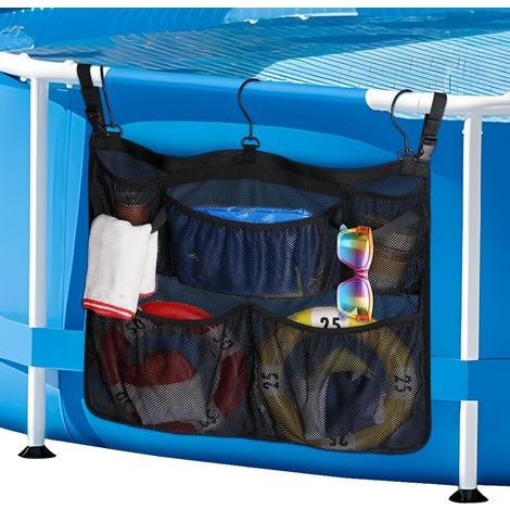 Panier de Rangement pour Piscine, Sac de Rangement avec Crochets et 5 Poches, Accessoires de Piscine Hors Sol, Noir, Panier Rangement Bord de Piscine pour Piscine Hors Sol et Salle de Bain (1/5)