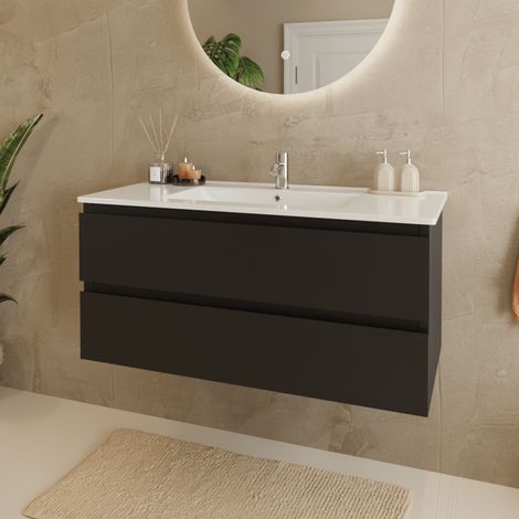 LOMAZOO Meuble de Salle de Bain 100cm - Noir Mat - Vasque Blanche