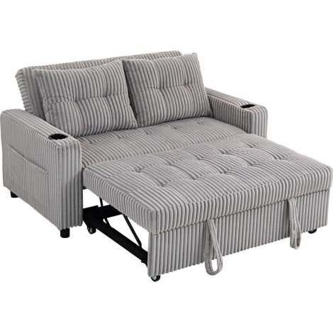 2 Seater Click Clack Sofa Bed Pull Out Design, Corduroy Upholstery - Light Grey (1/5)