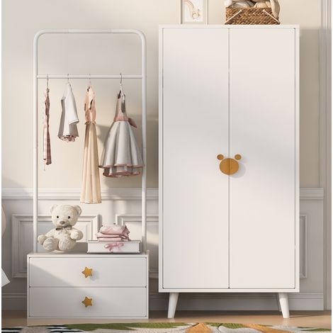 Armadio per bambini a 2 ante 70x55x170 cm con vano guardaroba, bianco e legno DESVIAE (1/5)