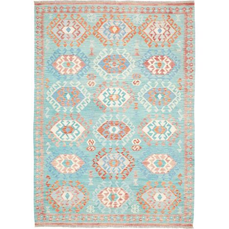 Tapis kilim 170 x 244 cm, géométrique, bleu, blanc et orange, en laine naturelle, tissé plat artisanal (1/5)