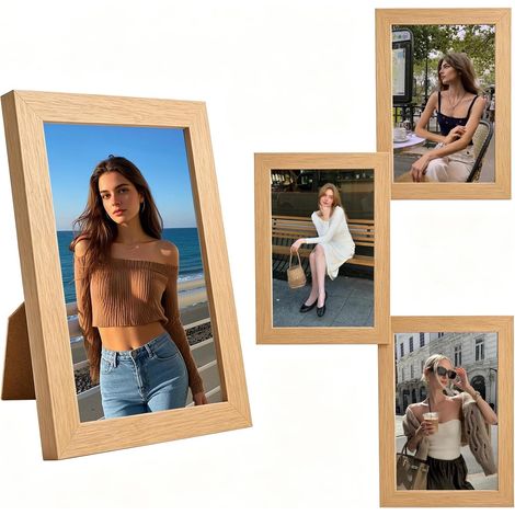 Lot de 4 Cadre Photo Bois 10x15, aspect chêne Petit Cadre en Bois avec Verre Acrylique pour Affichage Mural ou de Table, Format Portrait ou Paysage, Mini Cadre Photo A5 pour Photos, Posters (1/5)