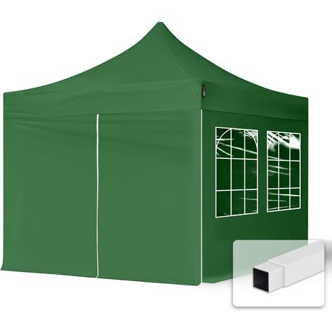 3x3 m Faltpavillon, ECONOMY Stahl 30mm, Seitenteile mit Sprossenfenstern, dunkelgrün