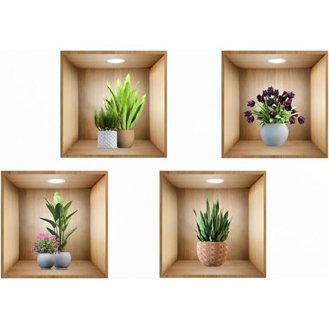 Autocollants Muraux Plantes 3D Réalistes en PVC, Lot de 8, Décoration Verte Amovible pour Salon, pour chambre et Bureau, 30x30 cm (1/5)