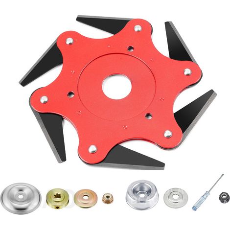 Convient pour 2 pièces, 6 lames de rasoir en acier, tête de coupe réversible, lames de débroussailleuse en métal Mn65, tête de coupe professionnelle de rechange avec 1 kit adaptateur à 6 dents pour co (1/5)