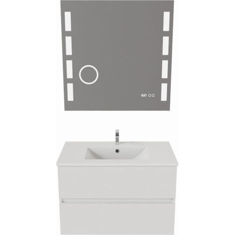 Meuble salle de bain 80 cm ROSALY avec plan vasque et miroir Excellence- Blanc- Plan vasque en Céramique (1/5)
