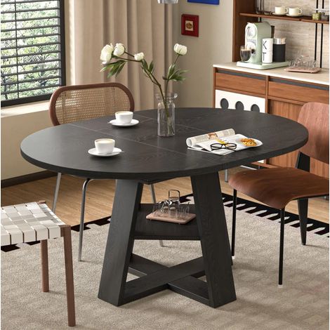 Mesa de comedor extensible Ø 110/150 x 110 cm con estante, MDF negro efecto madera (1/5)