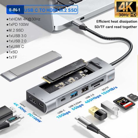 Station d'accueil d'extension SSD M.2 (8 en 1), adaptateur USB-C vers HDMI, 4K 60 Hz, 1 000 Mbit/s, alimentation PD 100 W, USB 3.0, pour MacBook