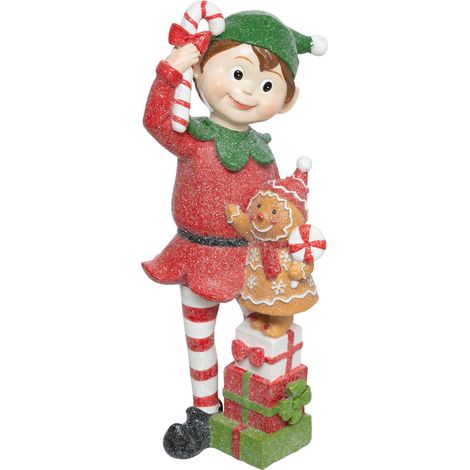 Atmosphera – Déco de Noël lutin et bonhomme pain d'épice en résine H 24 cm – Multicolore – Dimensions L. 10,8 x P. 10,6 cm – Élément festif pour décoration intérieure