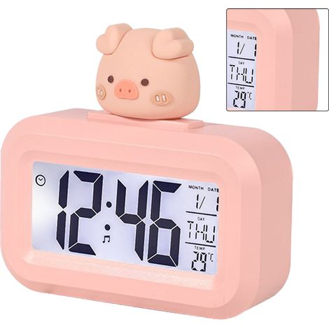 Horloge électronique de bureau avec écran LED et alarme, affichage de l'heure, calendrier et température, motif cochon rose mignon (1/5)