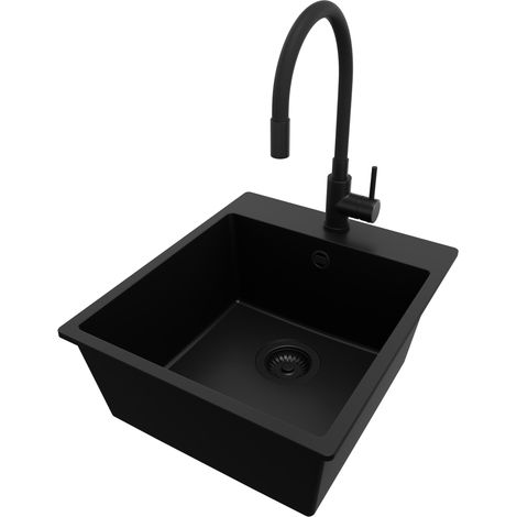 PRIMAGRAN Evier Cuisine en Granit 43x50cm, Lavabo 1 bac + Robinet 40x38cm + Kit de Vidage, Évier à Encastrer au meuble 45cm - Riga, Tout Noir (1/5)