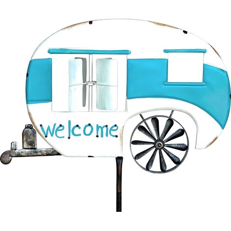 DanDiBo Gartenstecker Metall Wohnwagen XL 160 cm Blau Weiß Caravan 96103 Windspiel Willkommen Windrad Wetterfest Gartendeko Gartenstab Bodenstecker Camper