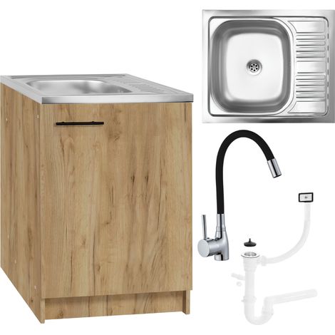 Küchenschrank - 60 x 50 cm - Eiche gold - Mit Spüle und beige Wasserhahn - Praktisch und elegant (1/5)