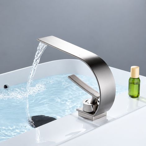 Mitigeur Lavabo Grand bec cascade courbé brossé Robinet Salle de Bain Sans flexibles 25 × 19 × 7 cm – Livraison gratuite