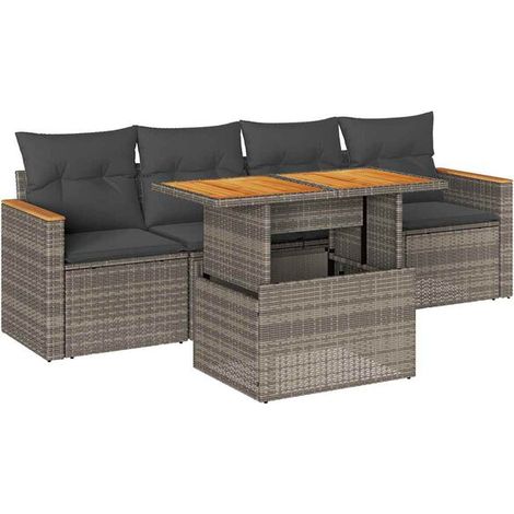 Ensemble de mobilier de jardin cinq pièces, avec coussins gris, tressé en rotin d'acacia. (1/5)