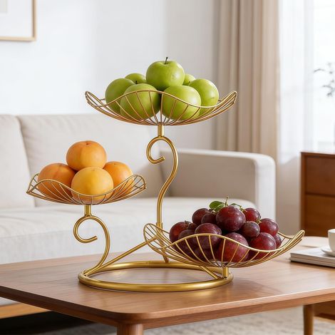 Corbeille à fruits à 3 niveaux JeiibrZui - 25 cm - 3 niveaux de rangement - Doré - Organisateur de cuisine en fer massif pour fruits, légumes, pain et en-cas - Étagère moderne en métal avec structure (1/5)