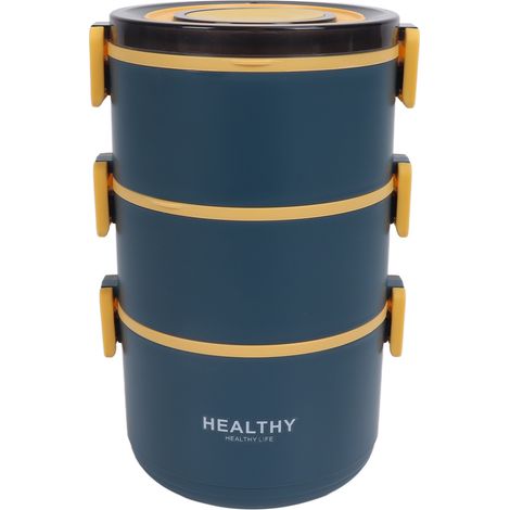 Dreilagige, isolierte Lunchbox aus Edelstahl 304, elegantes Blau, tragbare Lunchbox für Frauen, Büroangestellte, Studenten, mehrstufige Thermos-Lunchbox. (1/5)