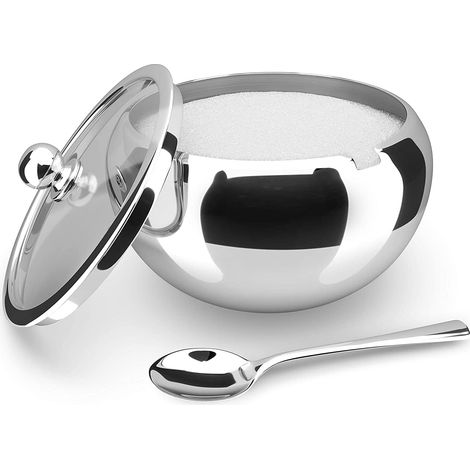 Grand sucrier en acier inoxydable avec couvercle en verre, cuillère en acier inoxydable incluse, contenance de 480 g (2 tasses de sucre). (1/5)