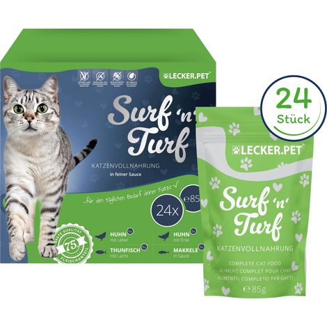 "translations":["text":"Lot de 24 sachets de 85 g de Lecker.Pet® Surf'n'Turf, nourriture humide pour chats en sauce onctueuse - lot de 4 variétés","detectedsourcelanguage":"DE","taghandlingversion":"v (1/5)