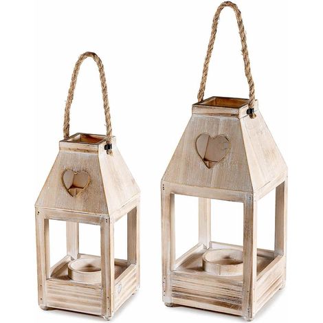 Lanterne in legno con intaglio a cuore e corda da appendere, in set da due pezzi, Grande: cm 17 x 17 x 36 H