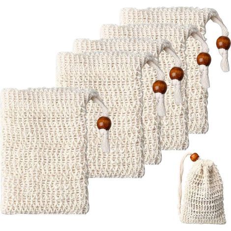 Set of 5 sisal soap bags, eco-friendly soap saver pouch, natural drawstring bags for bath and shower (1/5)