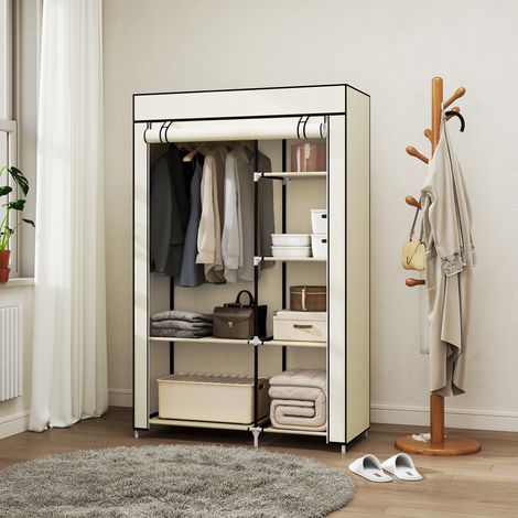 Armoire penderie en tissu meuble de rangement tringle à vêtements et étagères ouvertes 103x43x162.5cm crème